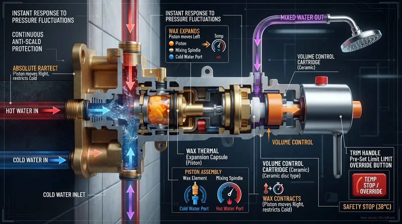 Cross-section diagram illustrating a thermostatic shower valve mechanism with a wax thermal expansion element, mixing chamber, and independent temperature and volume controls.