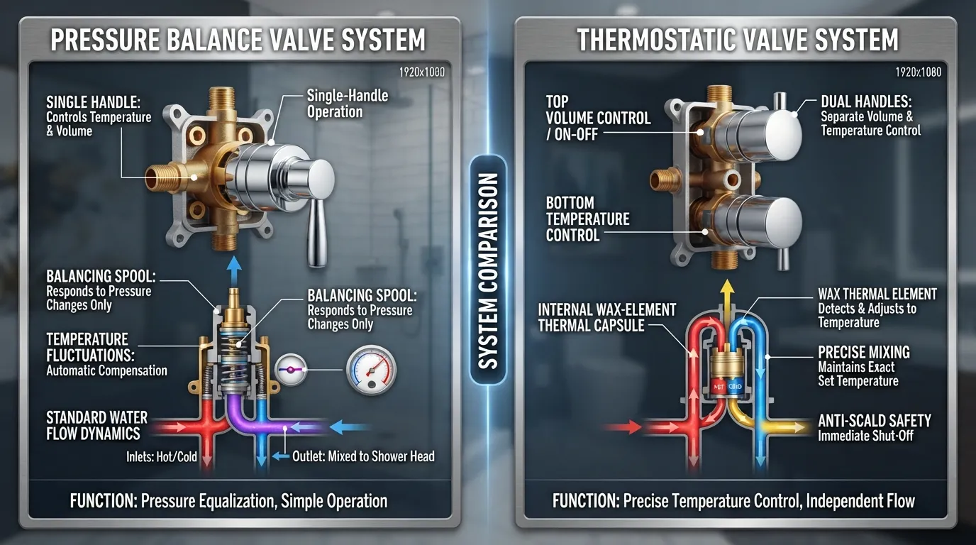 Side-by-side comparison diagram showing the internal components and external controls of a thermostatic shower valve versus a pressure balance valve.
