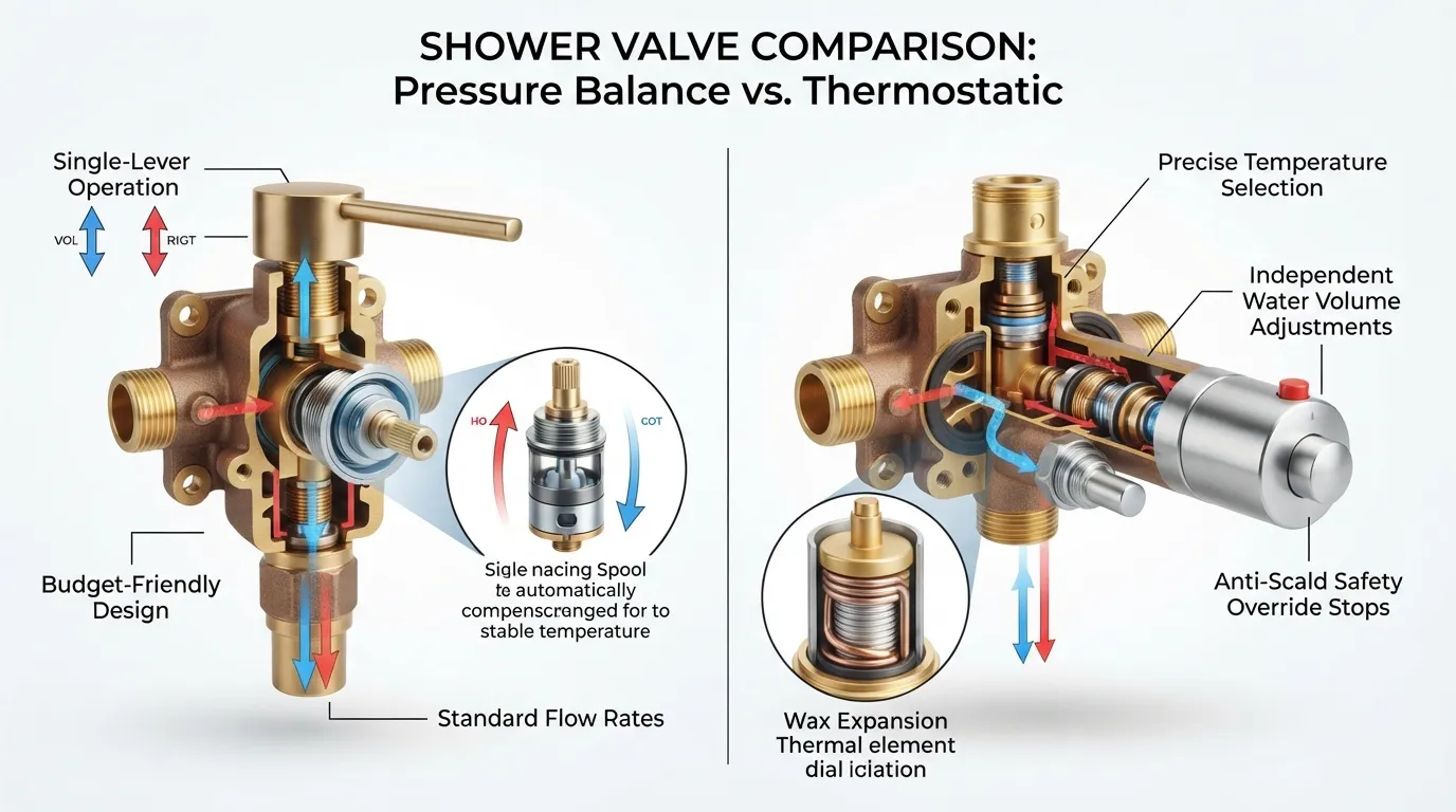 Side-by-side comparison of thermostatic and pressure balance shower valve systems showing internal cartridges, mixing chambers, and control handles.