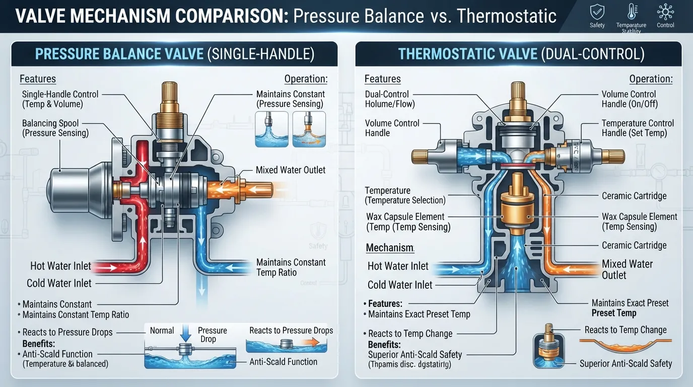 Side-by-side comparison diagram showing the internal mechanics and handle layouts of thermostatic and pressure balance shower valves.
