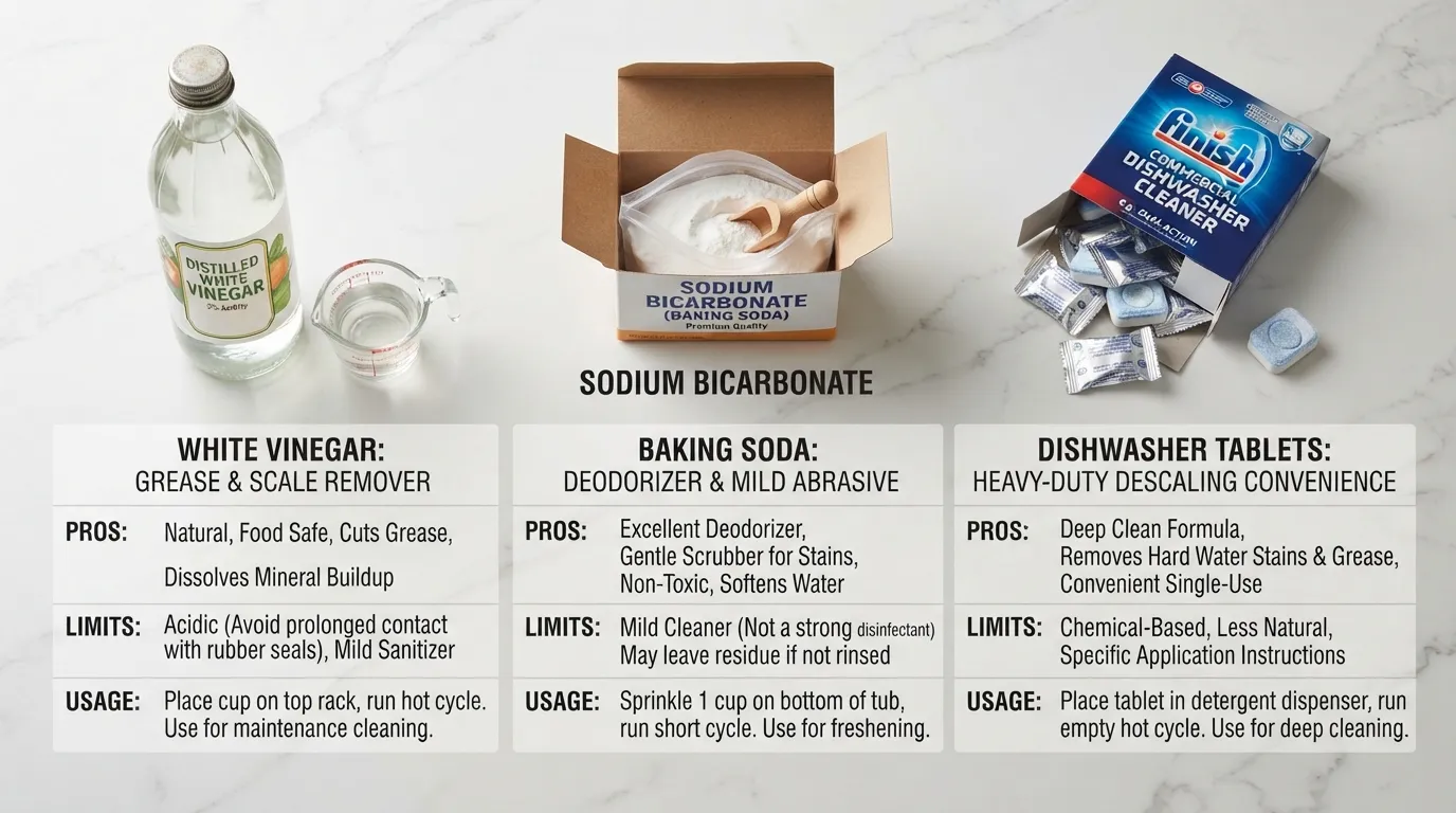 A flat-lay comparison of white vinegar, baking soda, and commercial dishwasher cleaner tablets on a kitchen counter.