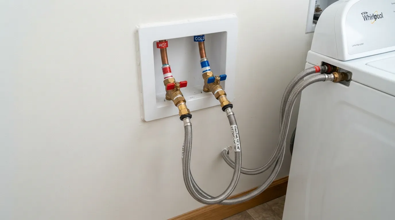 Close-up view of washing machine water supply hoses connected to hot and cold shut-off valves and a recessed outlet box.
