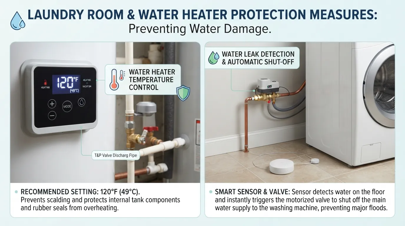 A residential water heater set to 120°F next to a smart floor leak detector and automatic shut-off valve system in a utility room.
