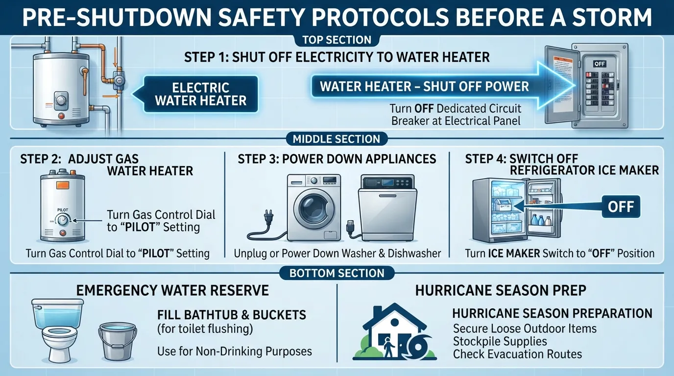 Comprehensive safety checklist infographic showing steps to take before turning off your home water supply, including turning off water heaters and appliances.