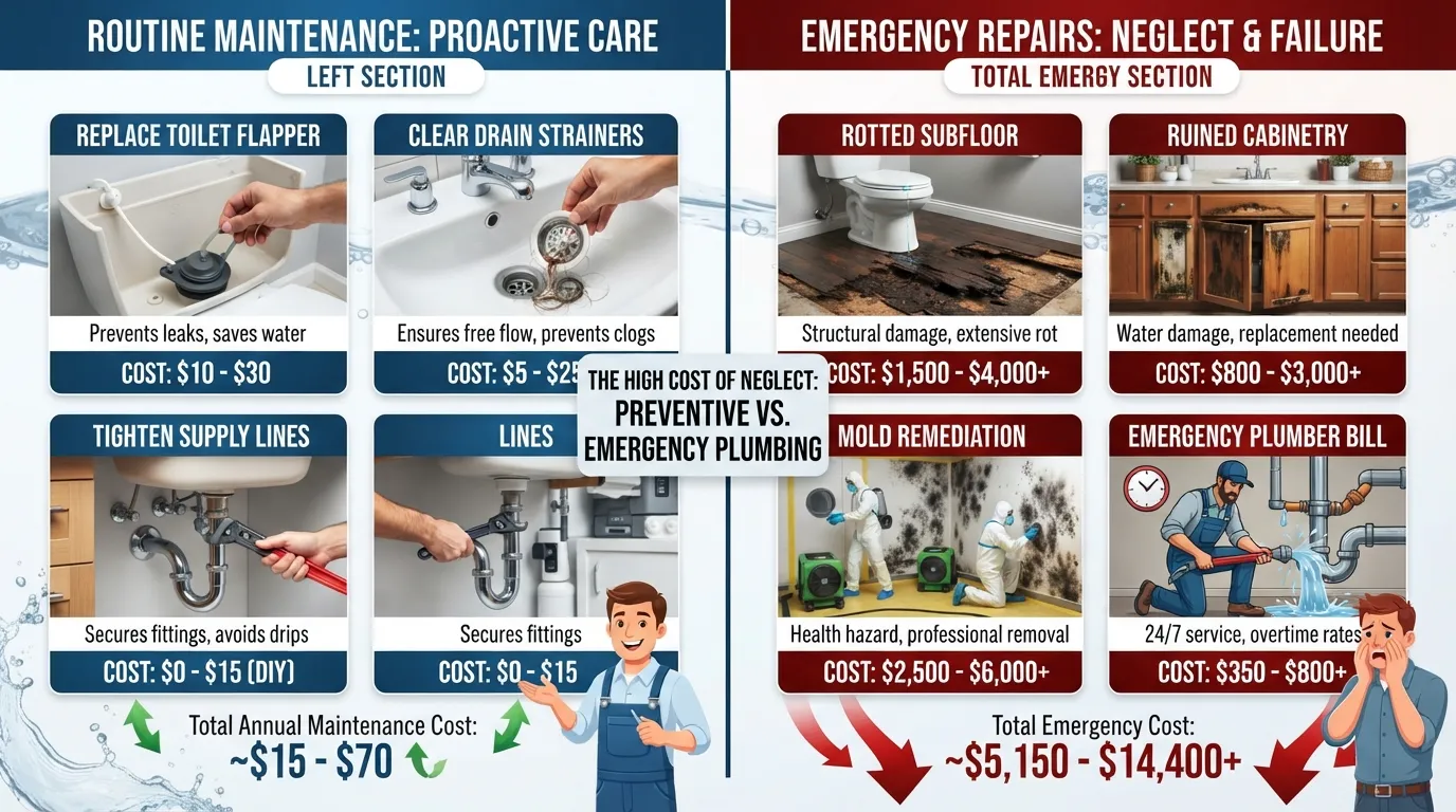 Infographic comparing the low cost of proactive plumbing maintenance versus the high cost of emergency repairs and water damage restoration.