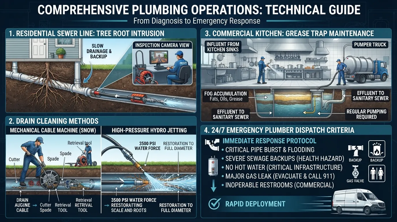 An instructional infographic explaining real plumbing challenges, including tree root intrusion in sewer lines, hydro jetting, grease traps, and 24-hour emergency dispatch.