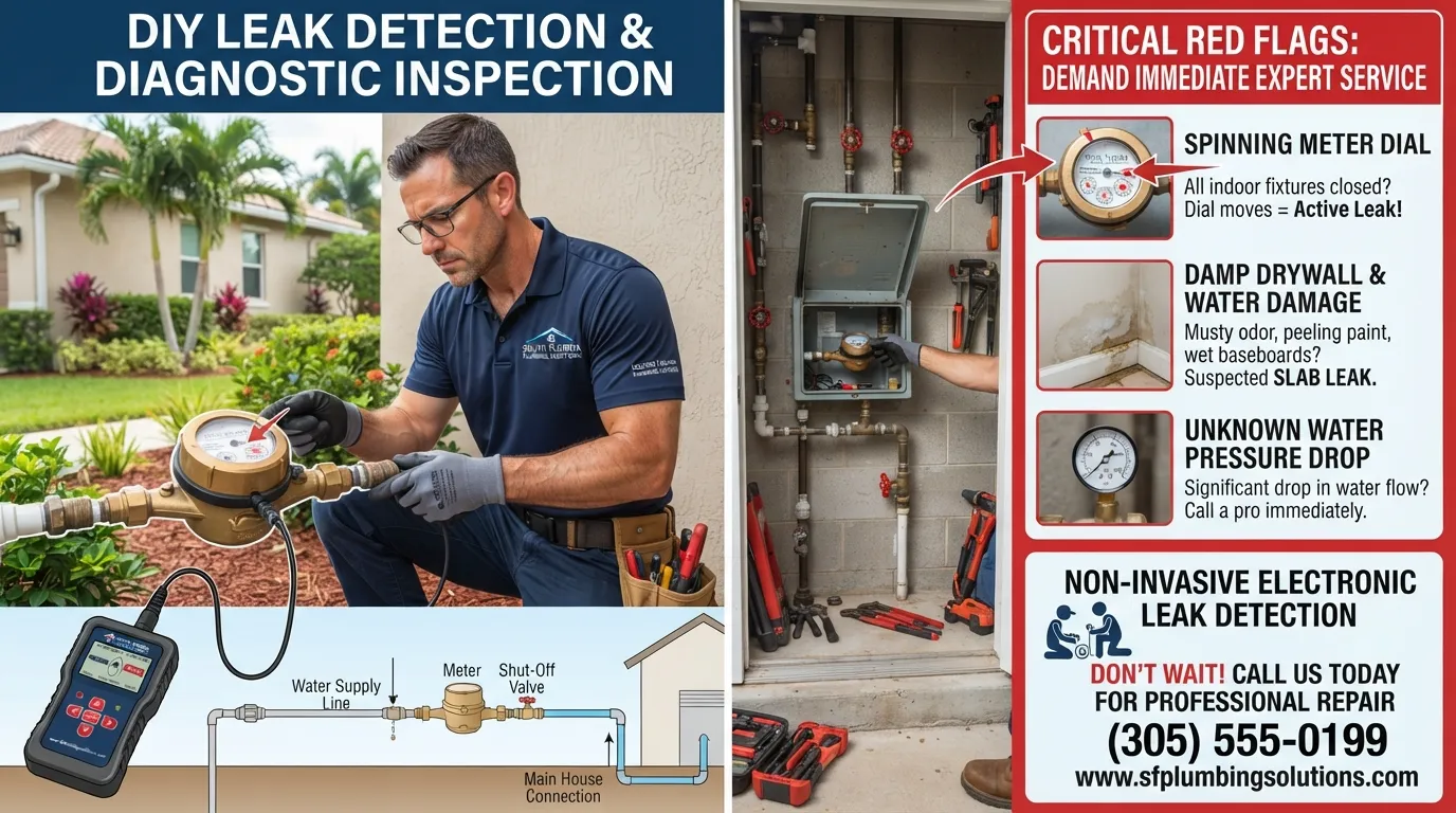 Professional licensed plumber inspecting a residential water meter and copper supply pipes to diagnose the cause of an abnormally high water bill