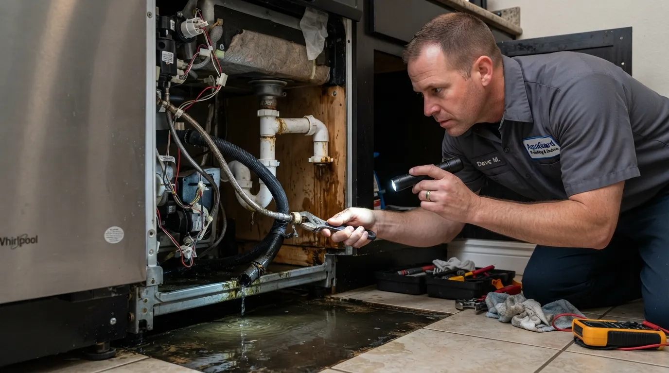 Professional plumber inspecting a dishwasher drain hose and water connections under a kitchen counter