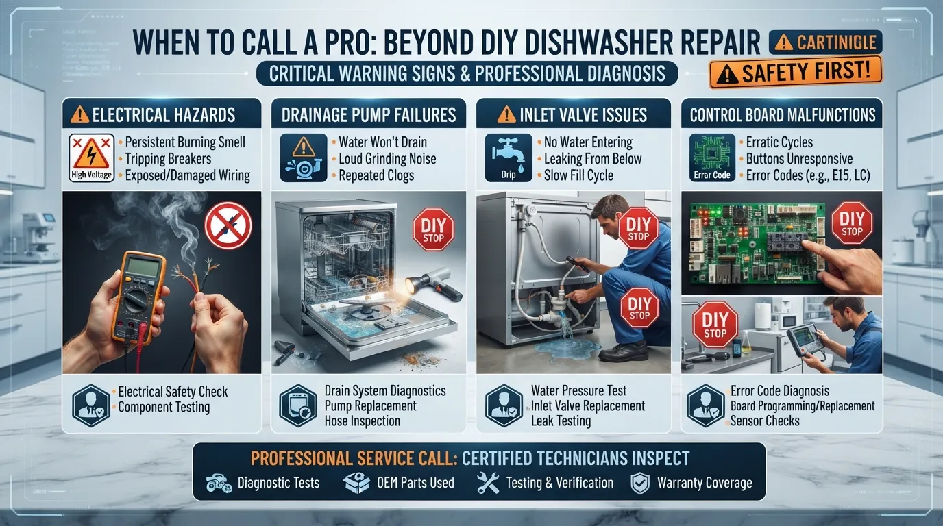 Professional technician inspecting a dishwasher control board and internal components to diagnose complex appliance failures.