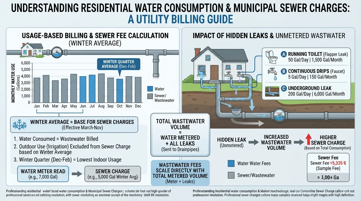 Infographic illustrating how usage-based sewer charges are calculated from water consumption and why plumbing leaks inflate municipal wastewater bills.