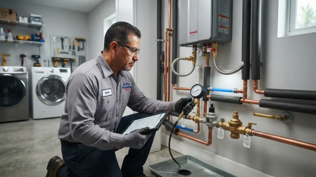 A professional plumber inspecting residential water pipes and plumbing fixtures in a Miami home during spring to prevent seasonal heat and humidity issues.