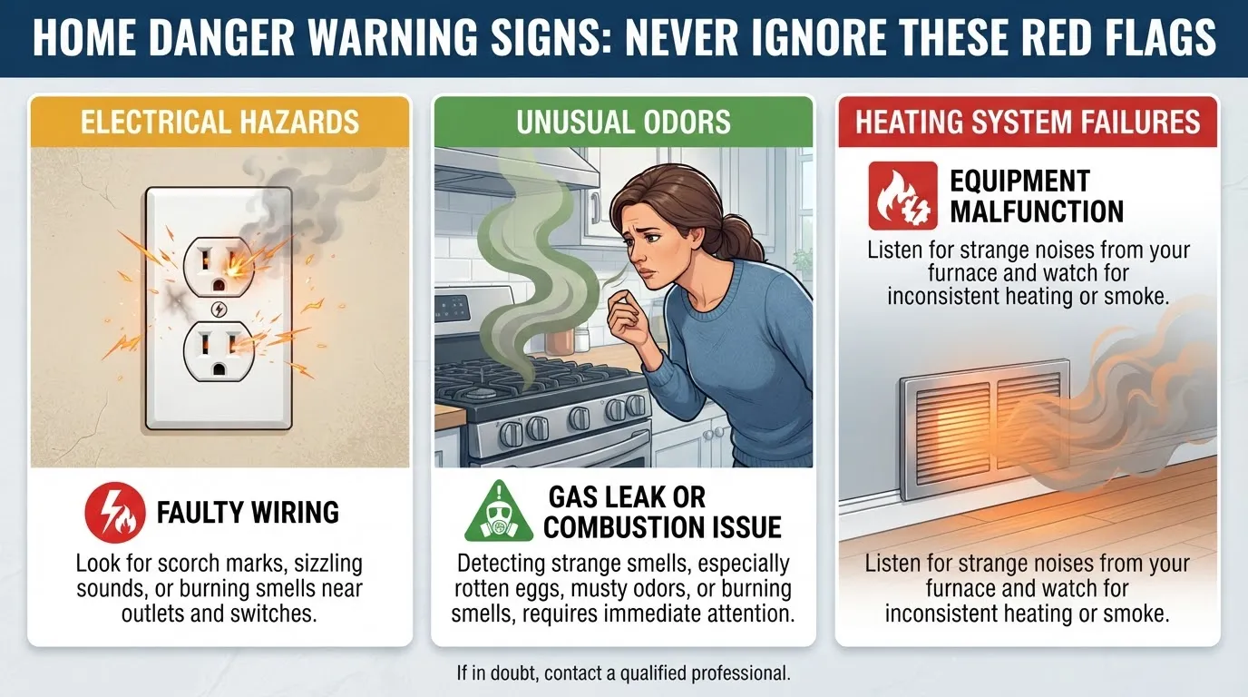 Infographic showing home warning signs like electrical smoke, gas leaks, and strange odors that require immediate attention.