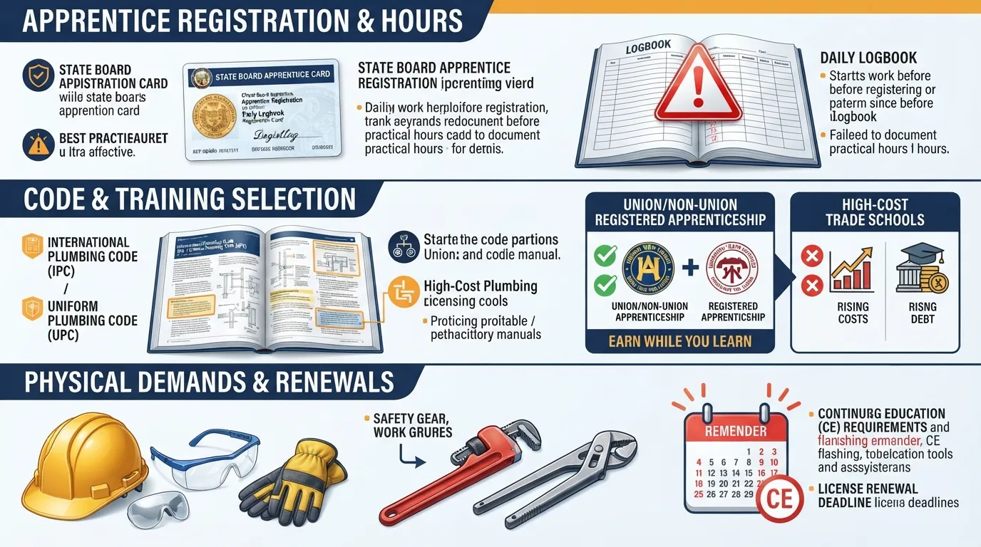 Infographic illustrating common mistakes aspiring plumbers make, including unverified apprentice registration hours, unstudied local plumbing code books, and wrong training paths.