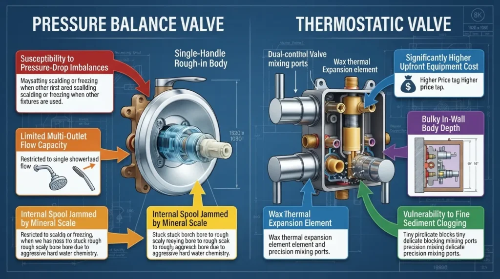 Comparison chart and cutaway views highlighting common mechanical disadvantages, hard water scaling, and cost limitations of pressure balance and thermostatic shower valves.