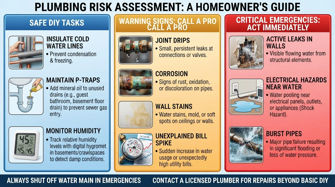 A clear decision-making guide comparing safe DIY plumbing tasks like pipe insulation against emergency situations and warning signs requiring a licensed plumber.