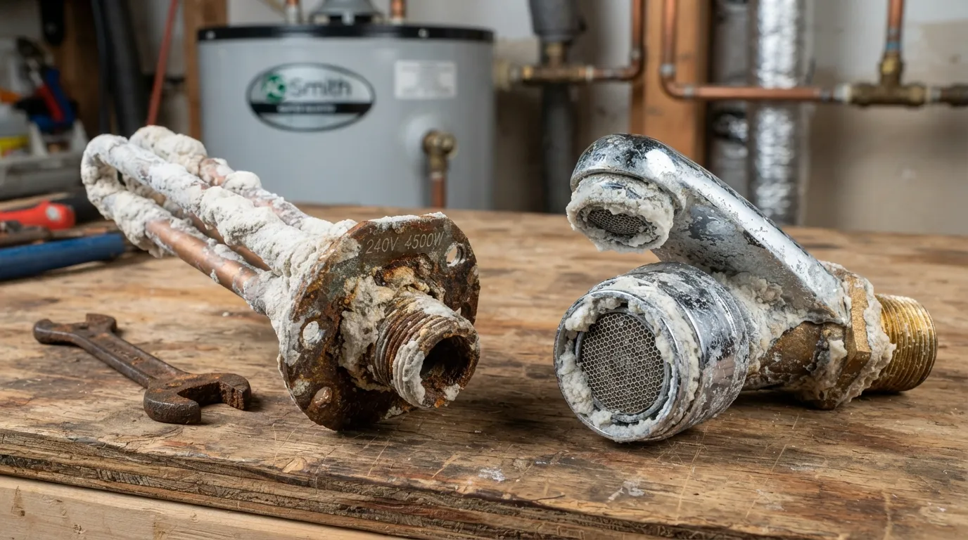 Close-up of a clogged water heater element and scaled faucet aerator showing the ongoing downsides and failures of magnetic water treatment.