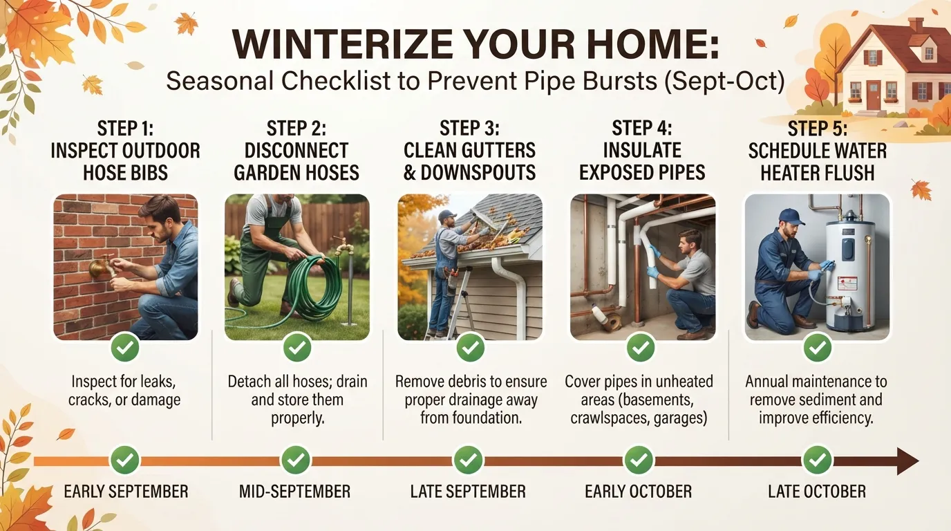 A detailed calendar and checklist infographic illustrating when to start fall plumbing preparation tasks before winter.