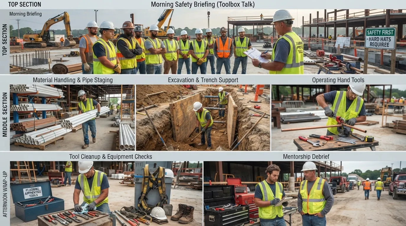 A first-year plumbing apprentice reviewing jobsite safety protocols and organizing tools alongside an experienced journeyman.