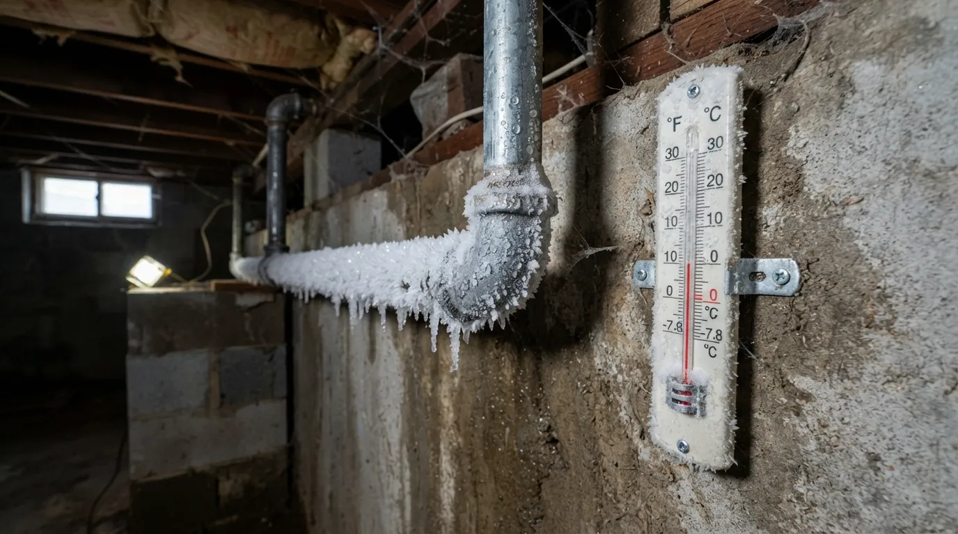 Frost-covered residential water pipe next to a thermometer displaying temperatures below 20 degrees Fahrenheit, indicating the danger threshold for frozen plumbing.