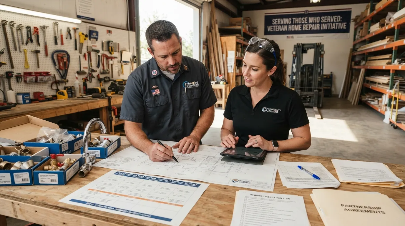 A contractor and a local plumber reviewing project plans and donation materials together at a workshop table to organize a community veteran giveback initiative.