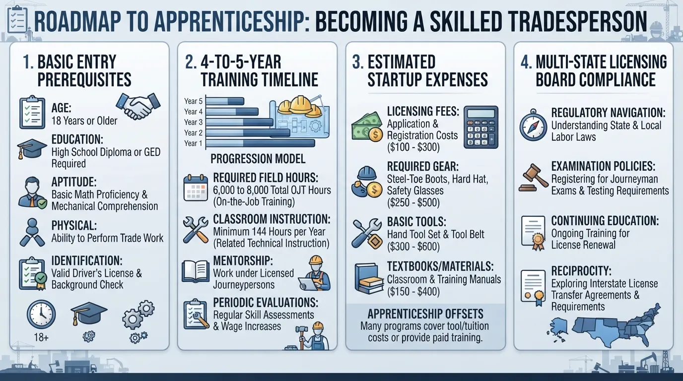 Detailed infographic illustrating the complete requirements, training timeline, startup costs, and state licensing rules to become a professional plumber.