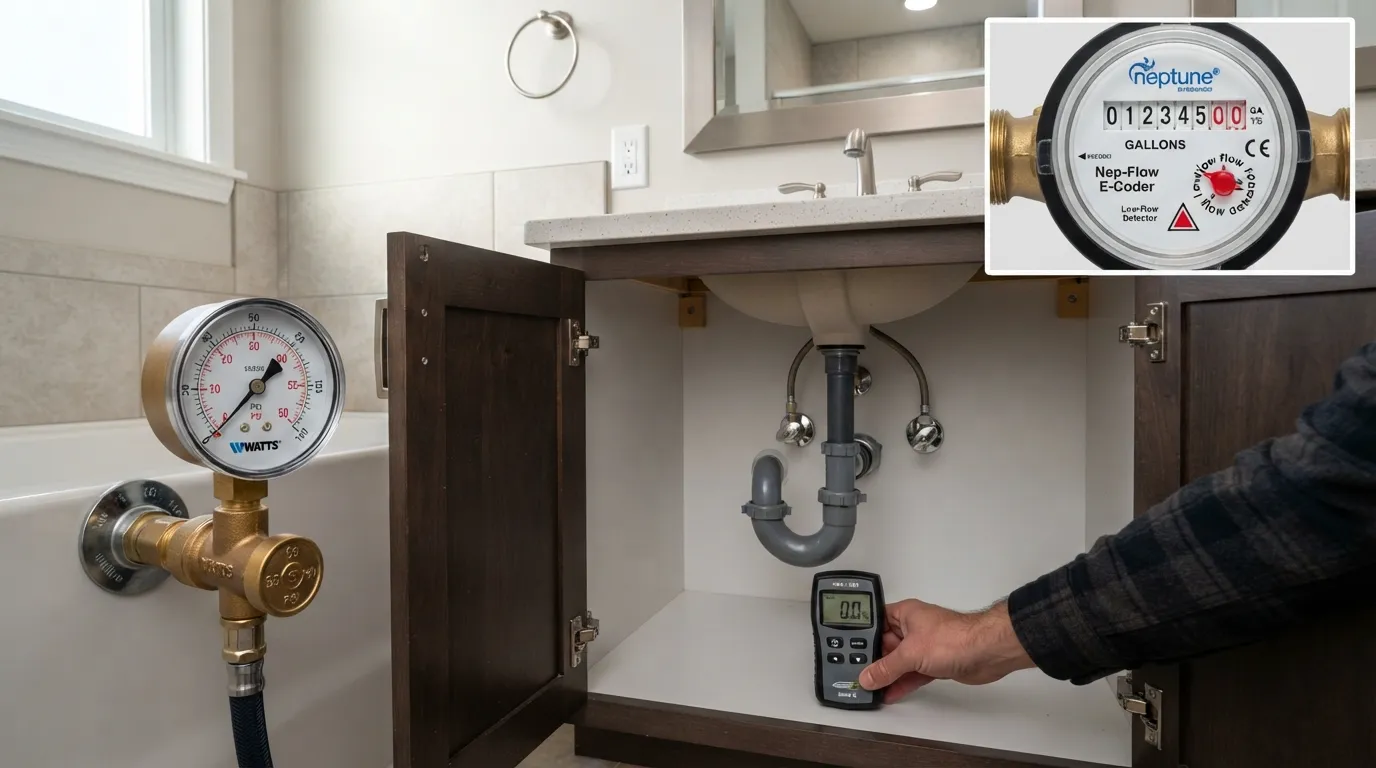 Close-up view of a plumber using a water pressure gauge and checking under a bathroom vanity for hidden leaks.