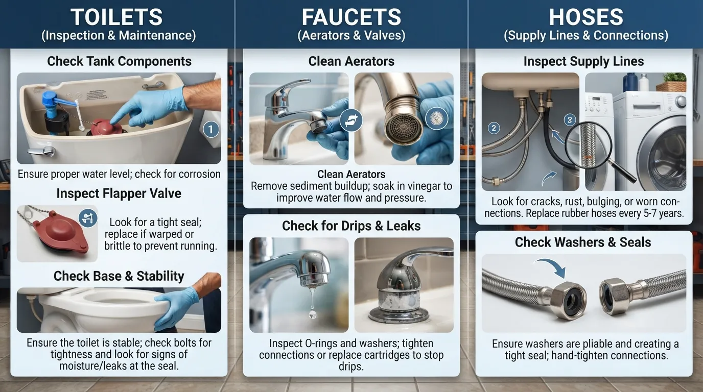 Comprehensive indoor plumbing inspection checklist showing a homeowner checking residential toilets, faucets, and supply hoses for leaks and maintenance issues.