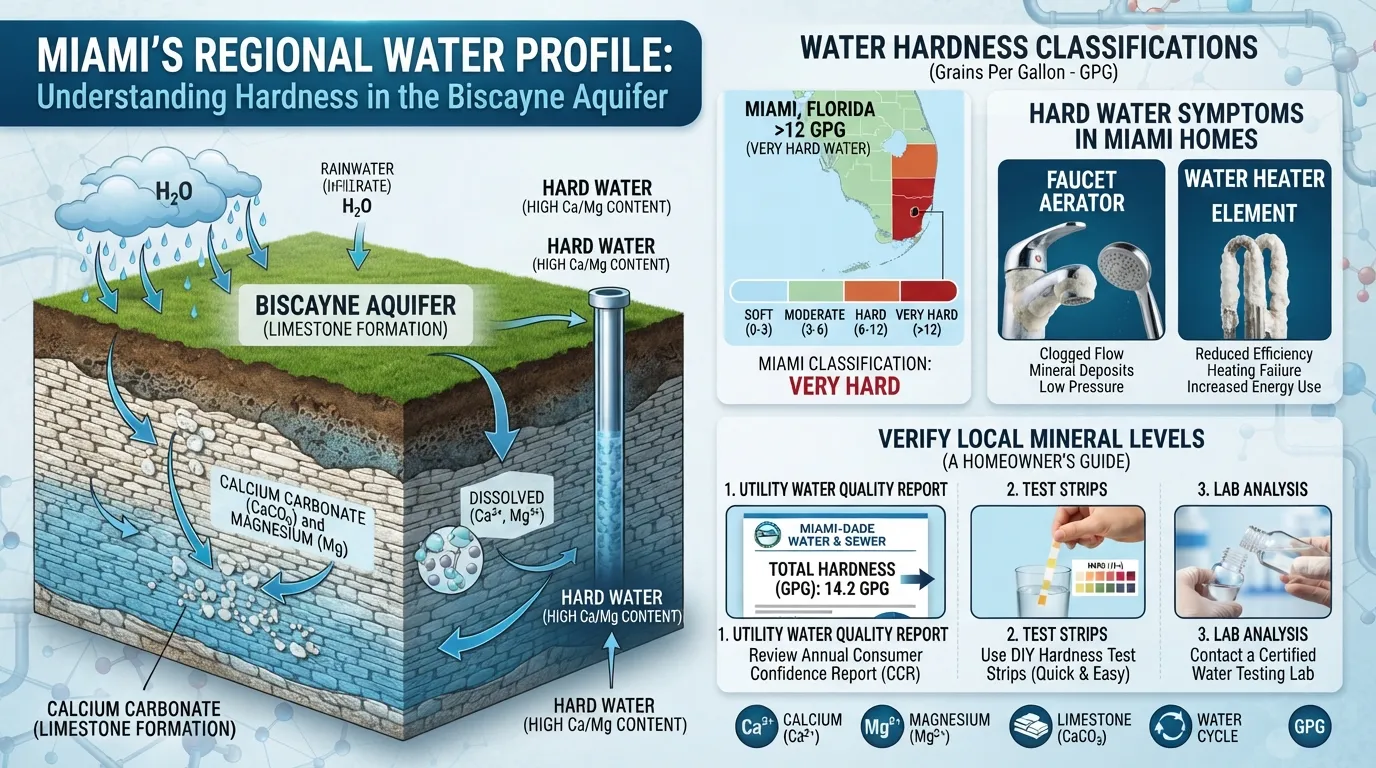 Infographic showing South Florida water hardness levels, Miami limestone aquifer source data, and common limescale buildup signs on plumbing fixtures.