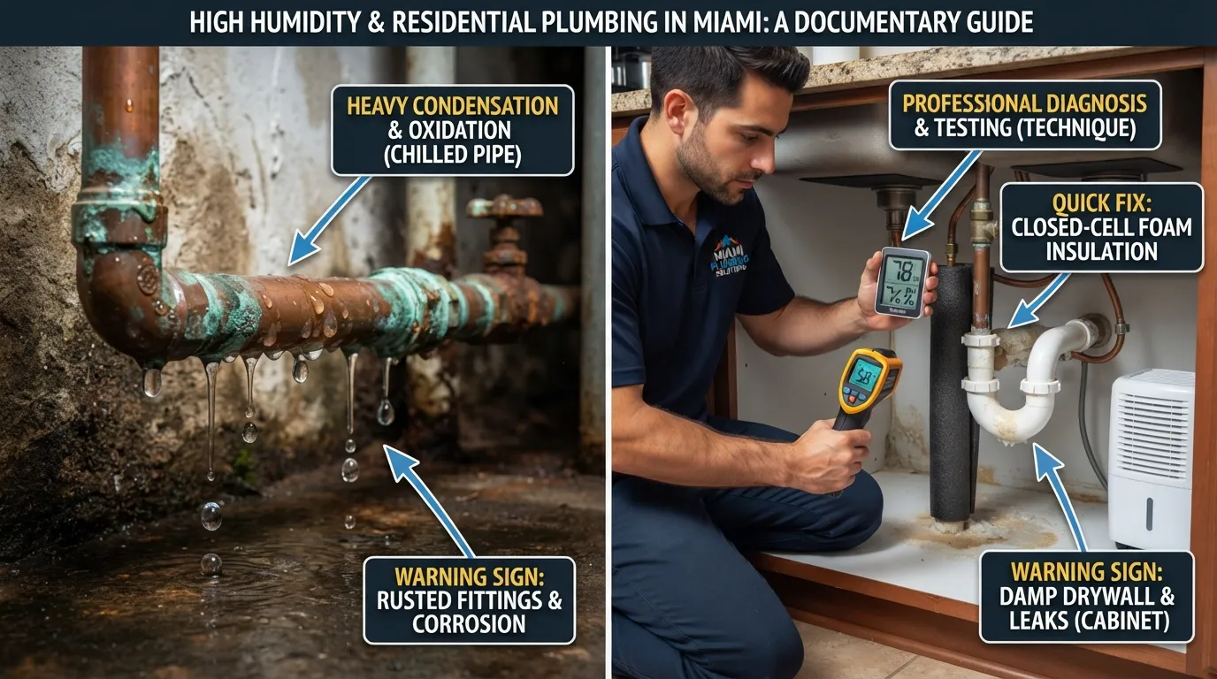 A professional plumber inspecting a Miami home's copper water supply lines and P-trap for condensation, rust, and humidity damage.
