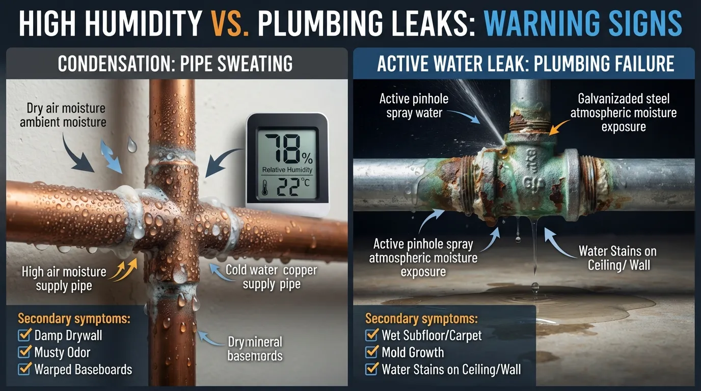 Close-up view of indoor water supply pipes showing heavy condensation droplets and green corrosion crusts indicating high humidity damage.