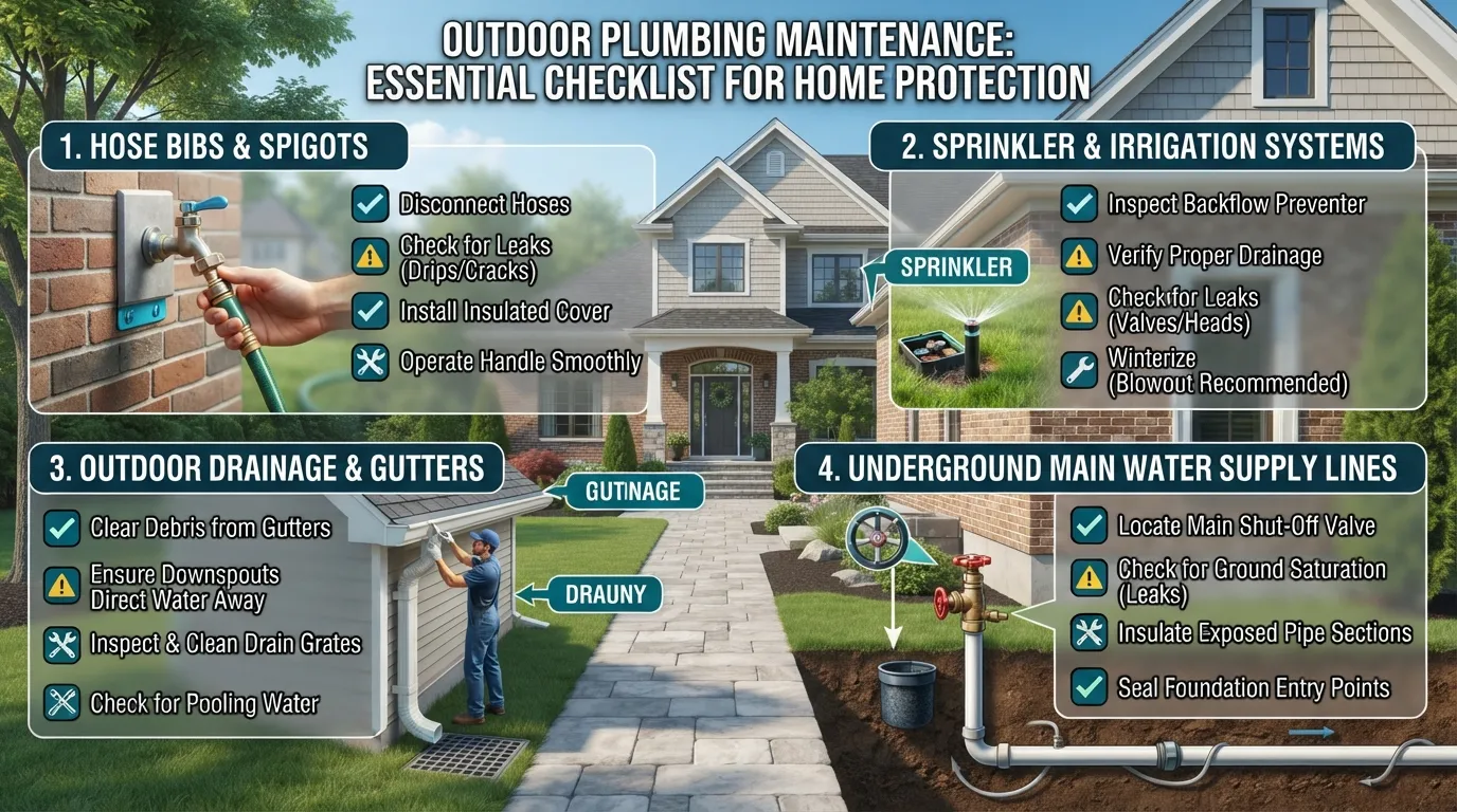 Comprehensive outdoor plumbing checklist illustration showing a hose bib, water meter, and sprinkler system being inspected for winter and seasonal maintenance.