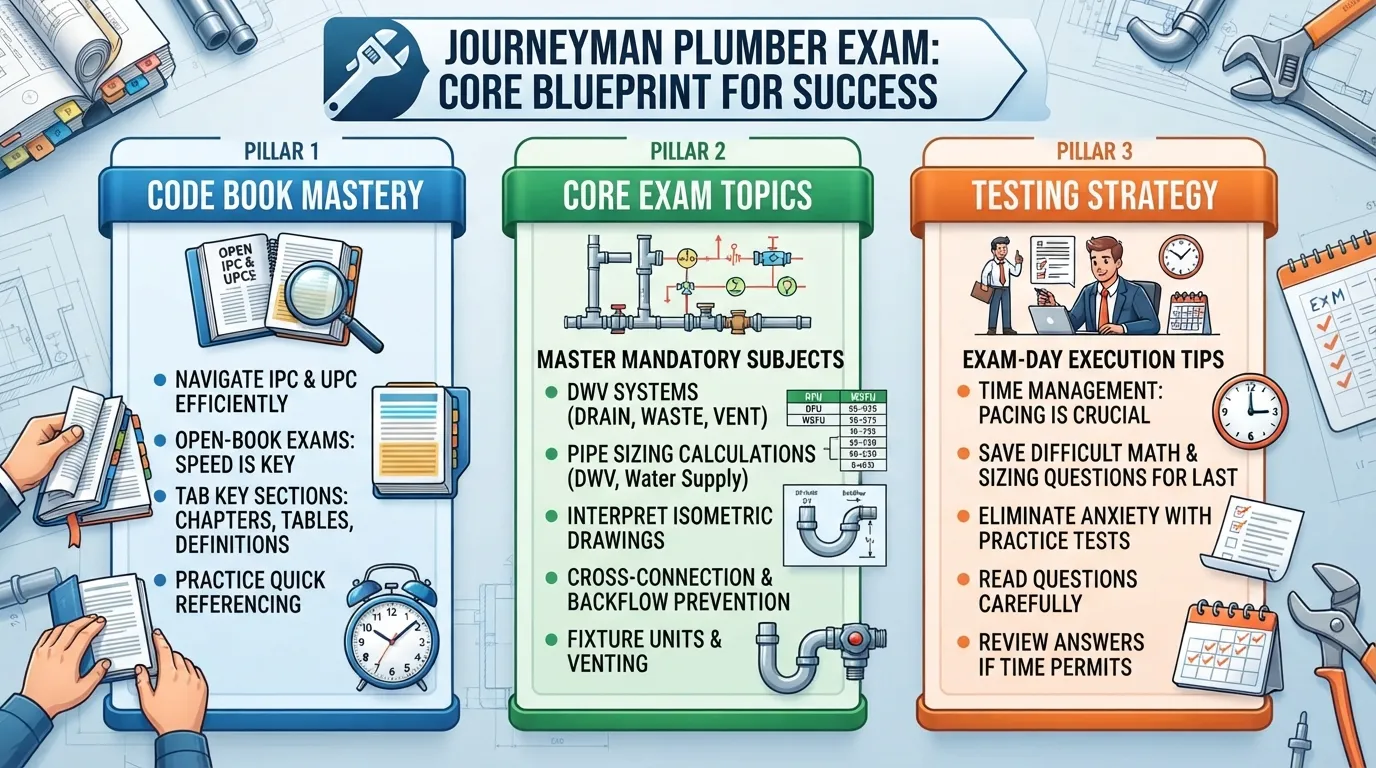 A plumbing apprentice studying code books and practice exam materials at a desk in preparation for the journeyman plumbing licensing test.