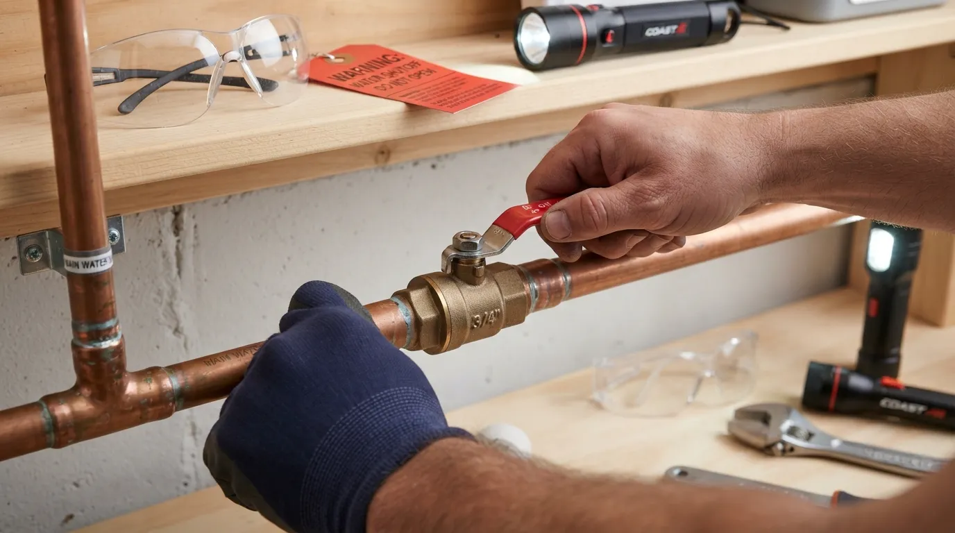 Hands turning off the main water shutoff valve in a home utility room before starting plumbing repairs.