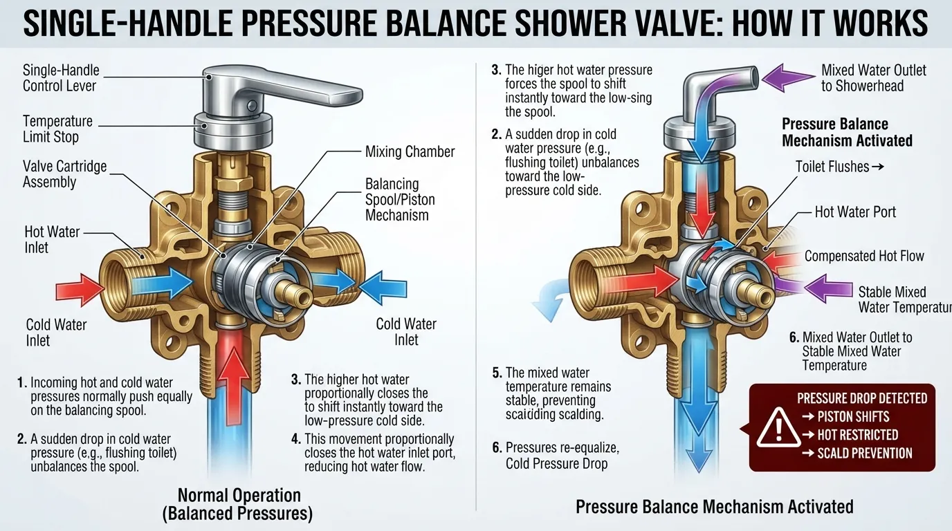 Cross-section diagram showing how a pressure balance shower valve uses an internal balancing piston or spool to equalize hot and cold water pressure.
