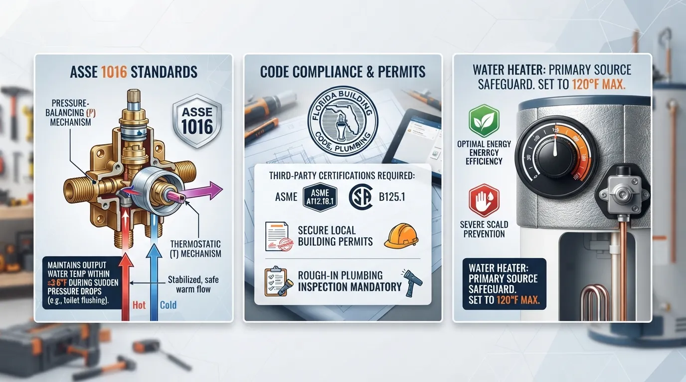 A detailed infographic and compliance chart illustrating ASSE 1016 anti-scald shower valve certifications, Florida plumbing code requirements, and a water heater safety gauge set to 120°F.