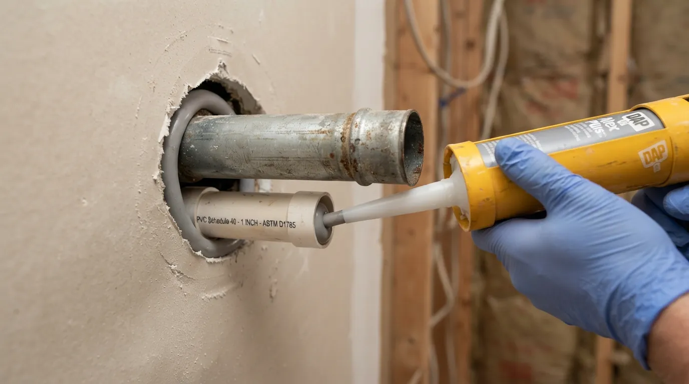 Close-up view of a professional plumbing sealant application sealing drafts and gaps around water pipes entering a wall to prevent energy loss and drafts.