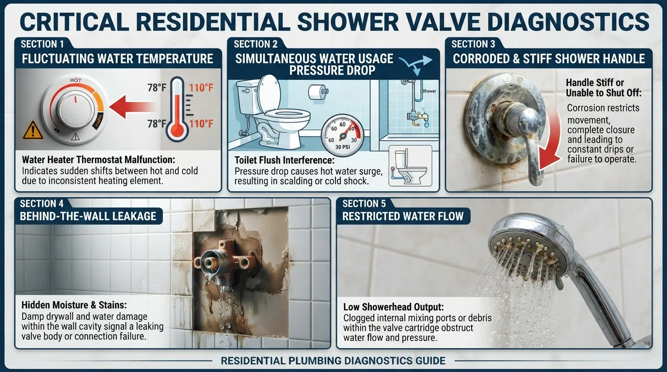 Close-up view of a professional plumber diagnosing shower valve failure symptoms including water leaks and temperature fluctuations
