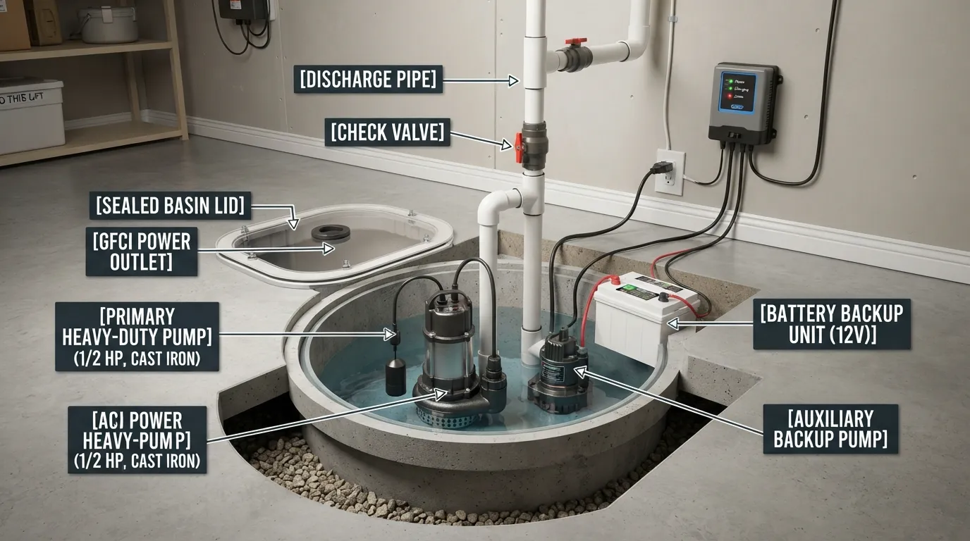 A professional basement sump pump system with battery backup installed and ready for heavy storm flooding and emergency flood readiness.