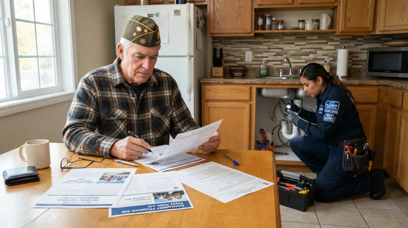 A veteran reviewing home repair assistance paperwork and benefit guides at a kitchen table with a plumber inspecting plumbing fixtures.