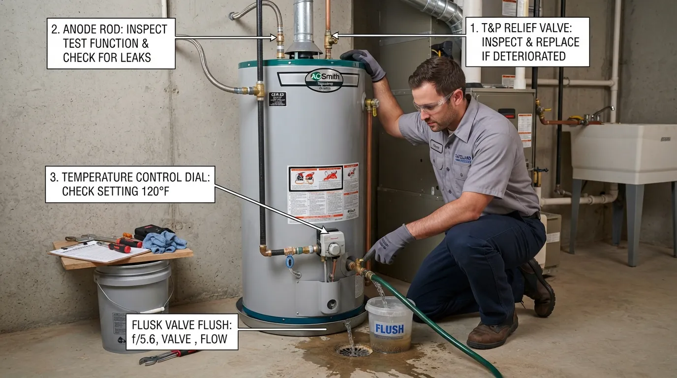 Close-up view of a technician inspecting and maintaining a residential water heater system during spring maintenance.