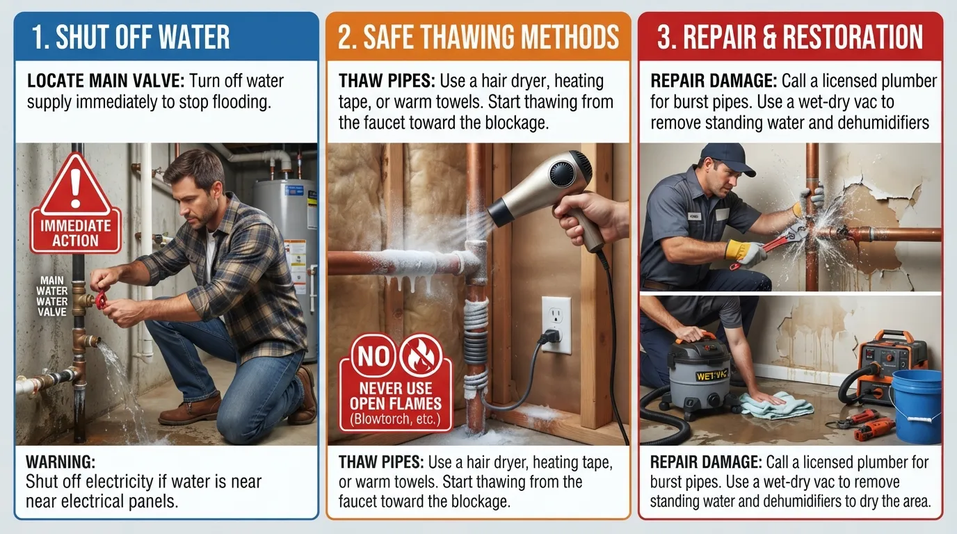 Emergency guide showing step-by-step actions to take when a home water pipe freezes or bursts, including shutting off the main water valve.