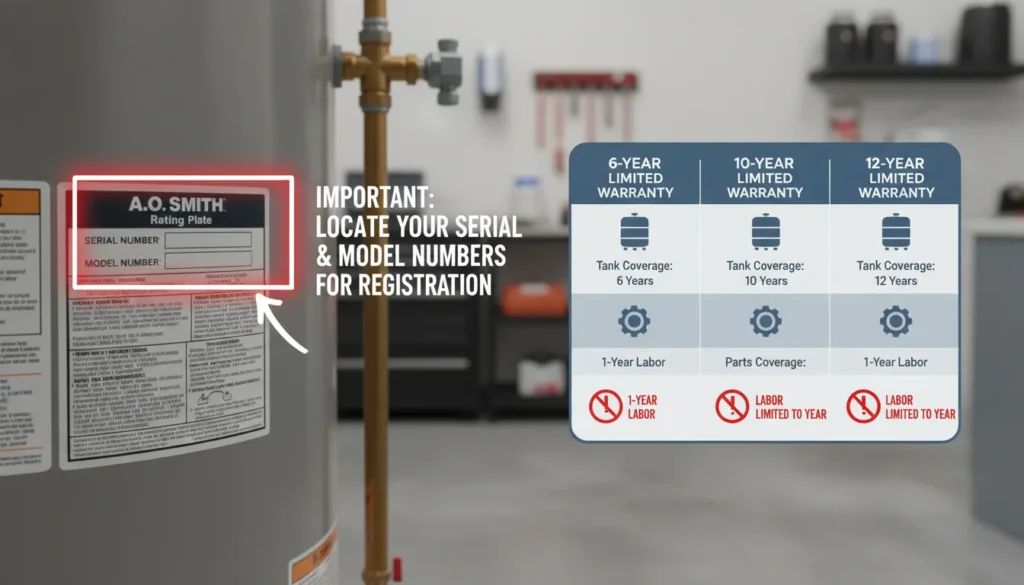A detailed breakdown of the A.O. Smith warranty certificate showing 6, 10, and 12-year tank protection terms alongside a serial number identification tag for warranty verification.
