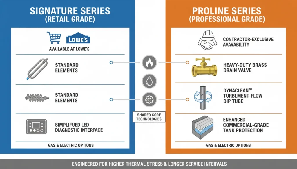 A technical comparison chart of A.O. Smith Water Heaters showing the structural and feature differences between the retail Signature Series and the professional-grade ProLine series.