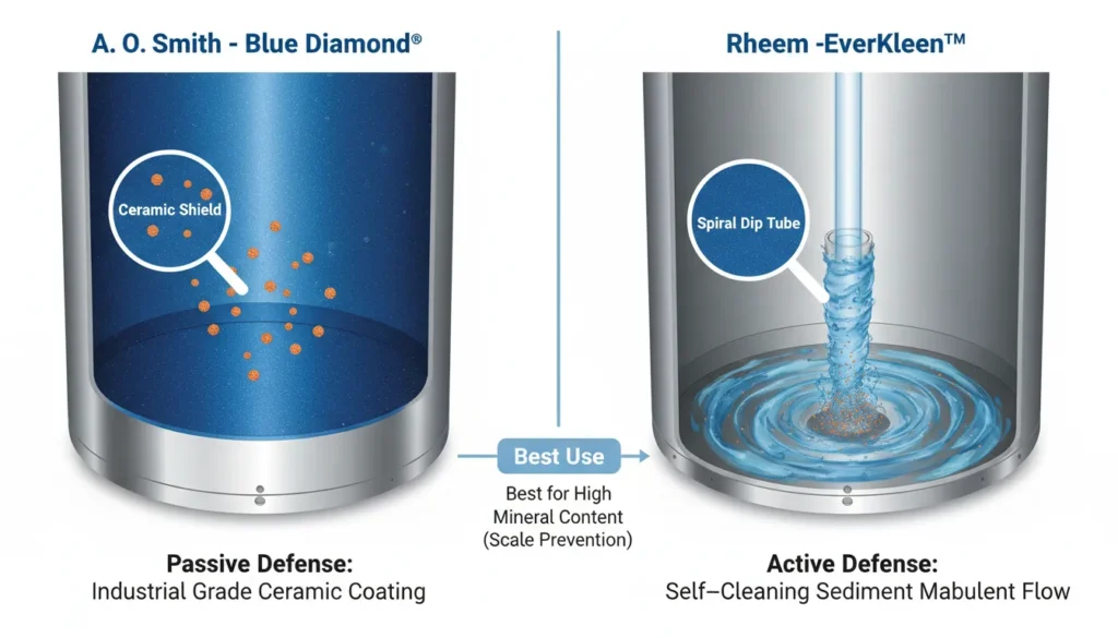 A side-by-side technical illustration of water heater tank protection: A. O. Smith’s Blue Diamond ceramic coating preventing scale vs. Rheem’s EverKleen spiral dip tube swirling sediment to prevent buildup.