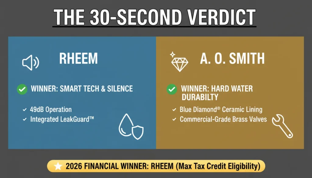 A split-screen comparison table summarizing the best uses for Rheem and A. O. Smith water heaters, highlighting Rheem for smart features and A. O. Smith for durability.