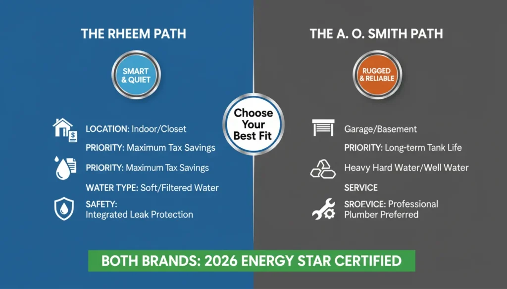A comprehensive decision-making table for 2026 water heaters, side-by-side comparing Rheem and A. O. Smith across efficiency, noise levels, hard water durability, and smart features to help homeowners choose the right unit.