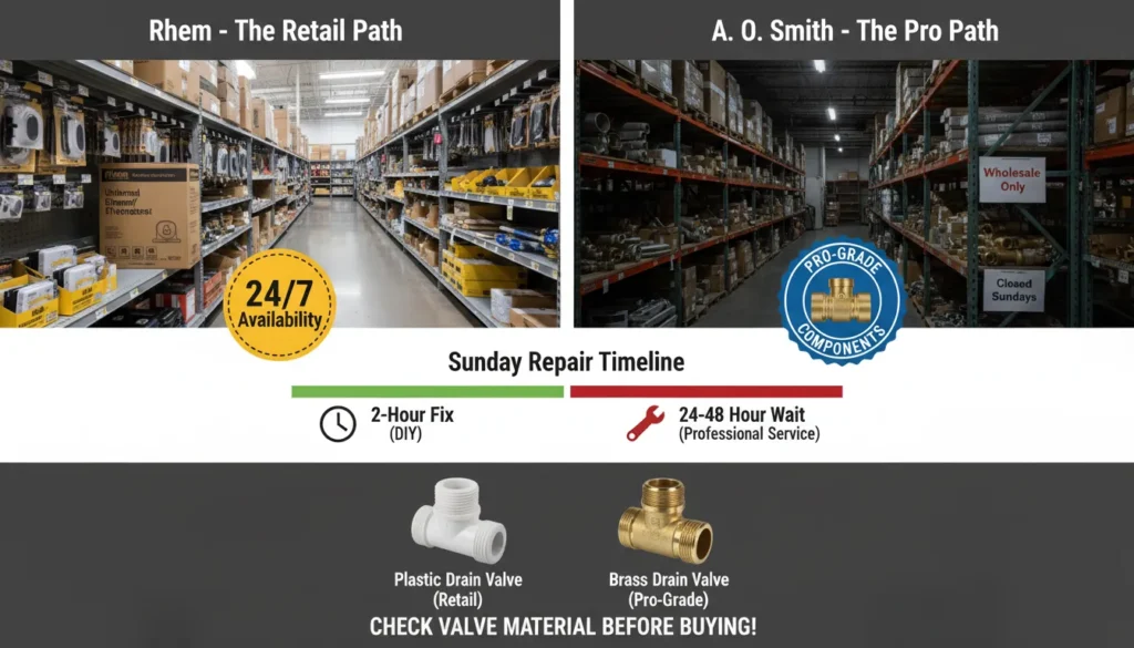 A split-screen comparison showing a Rheem water heater part available on a retail store shelf versus an A. O. Smith part inside a professional plumbing supply warehouse to illustrate repair accessibility.