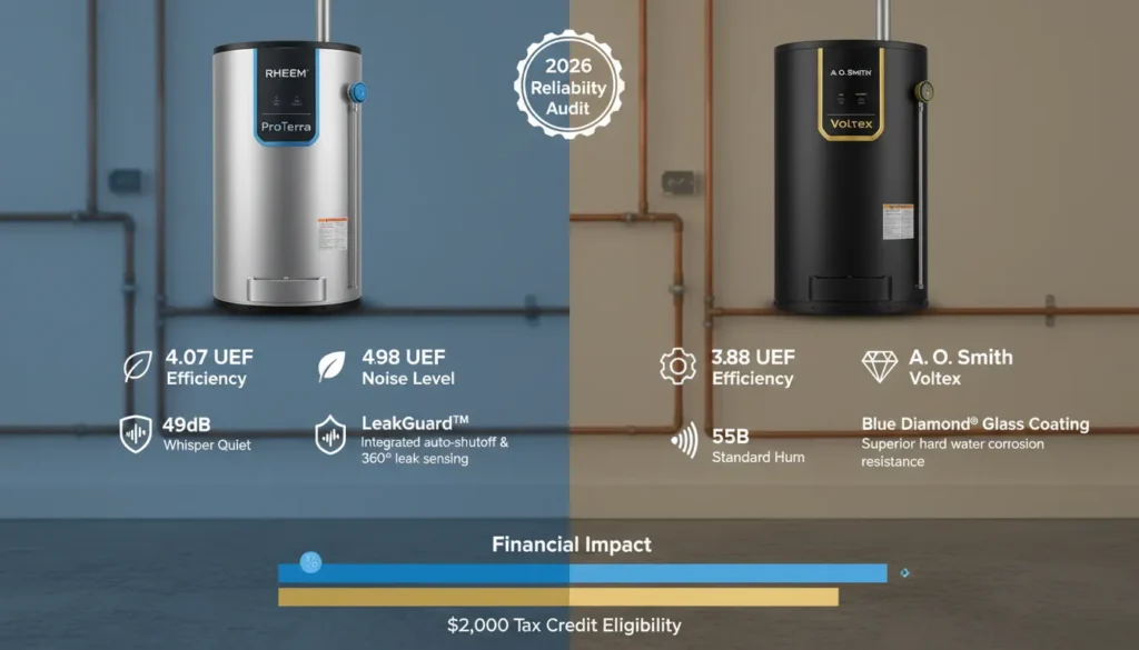 A high-detail comparison chart of Rheem and A. O. Smith water heaters showing side-by-side specs for energy efficiency (UEF), noise levels in decibels, and smart leak detection features.