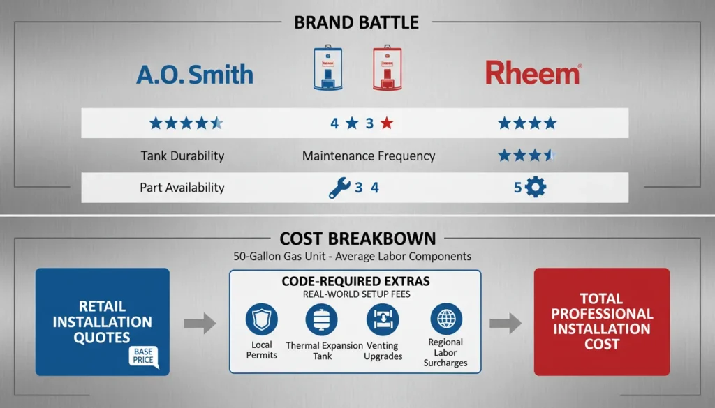 A comparison chart between A.O. Smith and Rheem water heaters alongside a checklist of professional installation cost factors like permits, expansion tanks, and labor rates.