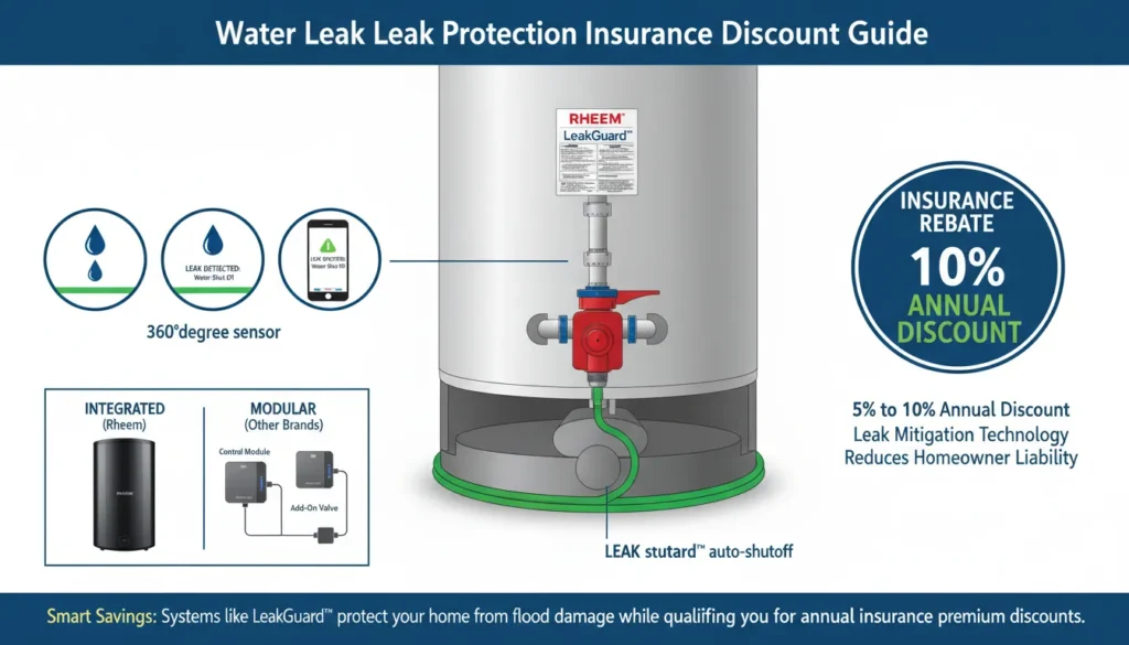 Infographic showing a water heater with a LeakGuard auto-shutoff valve and leak detection sensor, with a 10 percent insurance discount badge.